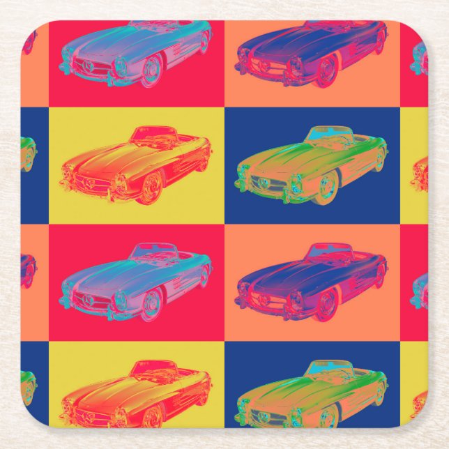 Mercedes Benz 300 SL Convertible Pop Art Square Paper Coaster (Front)