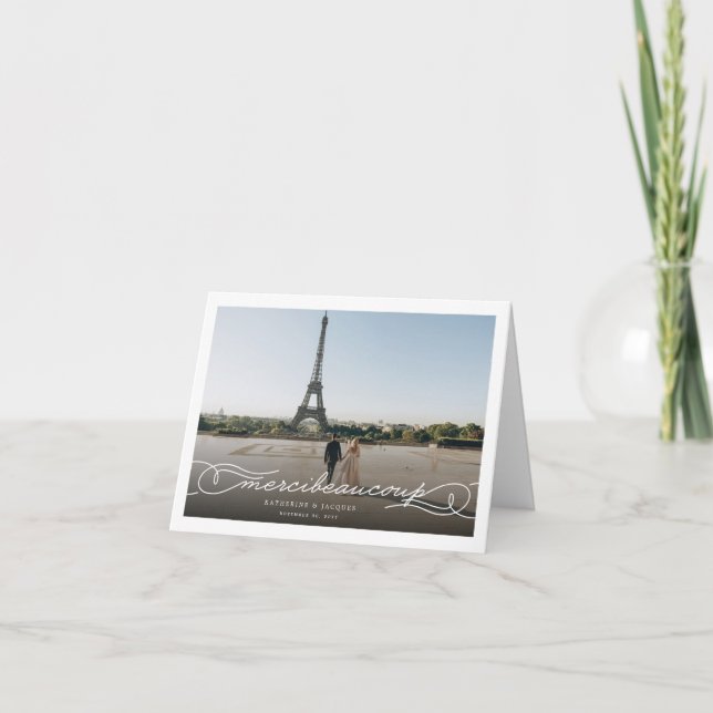 Merci Beaucoup Chic Script Photo Wedding Thank You Note Card (Front)