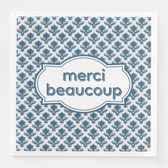 Merci Beaucoup Elegant French Tapestry Blue White Napkin (Front)