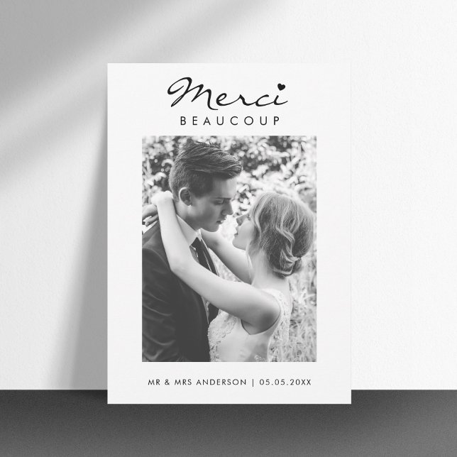 Merci Beaucoup French Black & White Photo Wedding Thank You Card (Creator Uploaded)