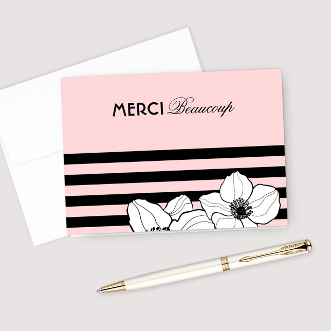 Merci Beaucoup Pink Black French Anemone Flowers Thank You Card (Creator Uploaded)