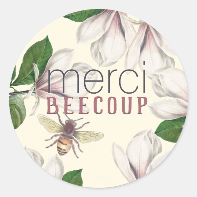Merci Beecoup Thank You Magnolia and Bee on Ivory  Classic Round Sticker (Front)