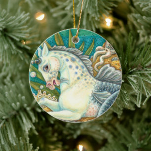 MERHORSE & WHITE OCTOPUS, FANTASY UNICORN HORSE CERAMIC TREE DECORATION