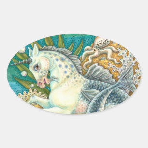 MERHORSE & WHITE OCTOPUS, FANTASY UNICORN HORSE OVAL STICKER