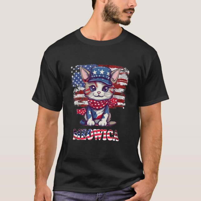 Merica 4th of July Meowica Kitty Cat American Flag T-Shirt (Front)