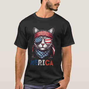 Merica 4th Of July Patriotic Cat USA Flag Independ T-Shirt