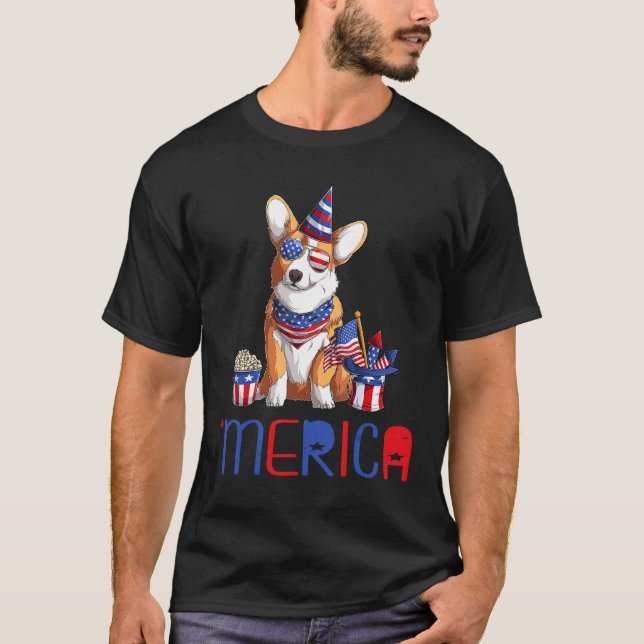 Merica American Flag Corgi Sunglass Dog  T T-Shirt (Front)