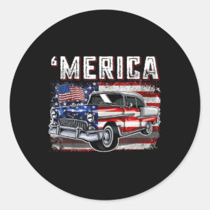 Merica American Flag Old Car 4th Of July Kids Boy  Classic Round Sticker