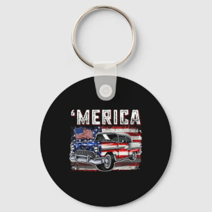 Merica American Flag Old Car 4th Of July Kids Boy Key Ring