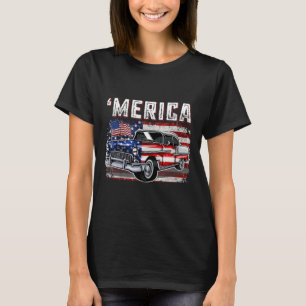 Merica American Flag Old Car 4th Of July Kids Boy T-Shirt