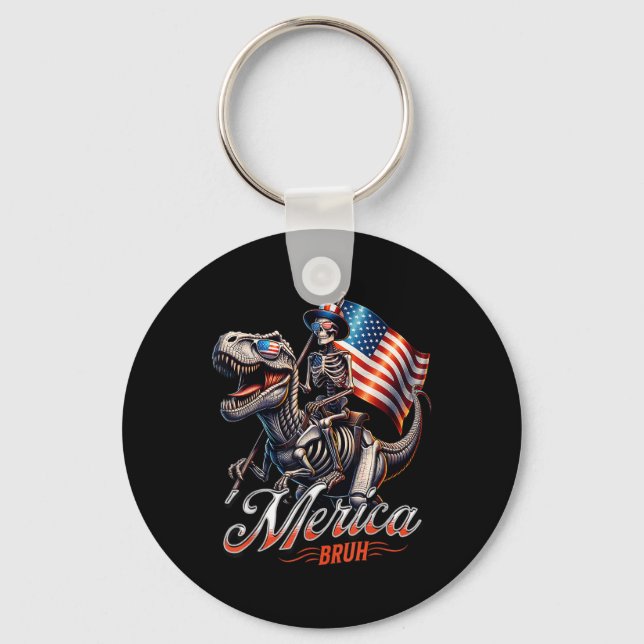 Merica Bruh Patriotic Skeleton Dinosaur T Rex 4th  Key Ring (Front)