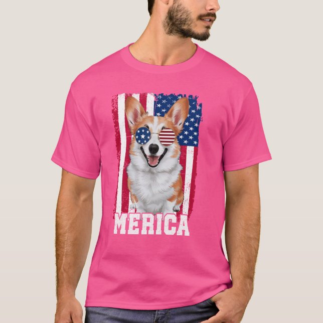 Merica Corgi Dog USA Flag Patriotic 4th of July T-Shirt (Front)