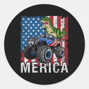 Merica Dinosaur Monster Truck American Flag 4th Of Classic Round Sticker