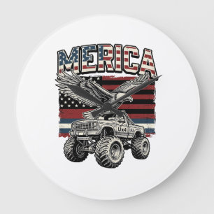 Merica Eagle Monster Truck Vintage Patriotic Large Clock