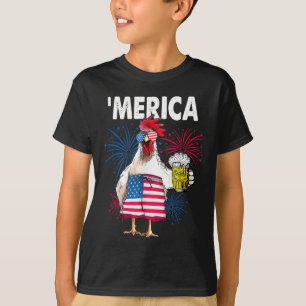 Merica Funny Chicken With Beer Usa American Flag 4 T-Shirt