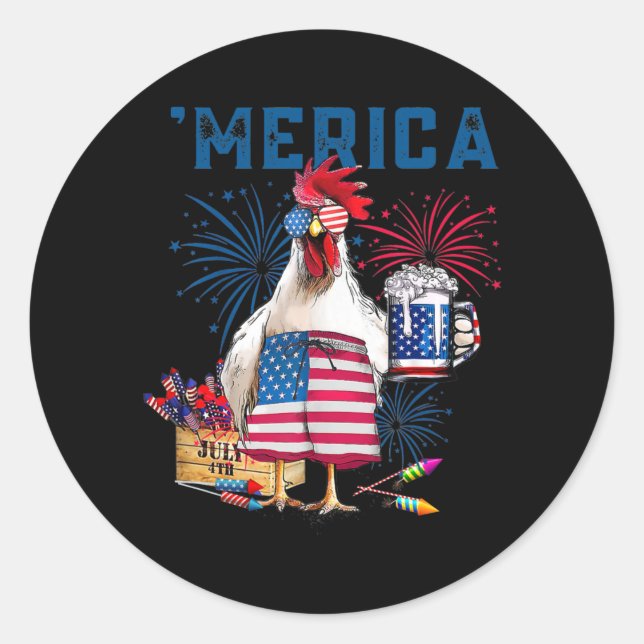 Merica Funny Chicken with beer USA Flag 4th of Classic Round Sticker (Front)