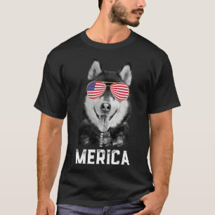 Merica Funny Siberian Husky Puppy Dog American Fl T-Shirt