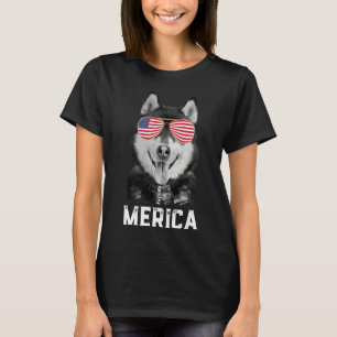 Merica Funny Siberian Husky Puppy Dog  American Fl T-Shirt
