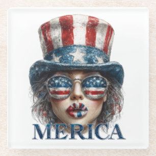 Merica Girl, Fourth of July Glam Girl with Stars Glass Coaster