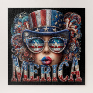 Merica Girl, Fourth of July Glam Girl with Stars Jigsaw Puzzle