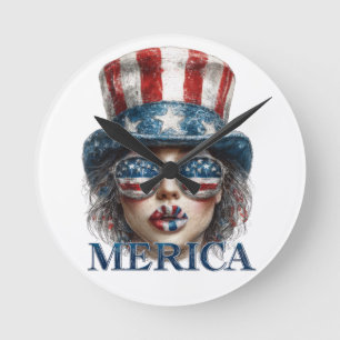 Merica Girl, Fourth of July Glam Girl with Stars Round Clock
