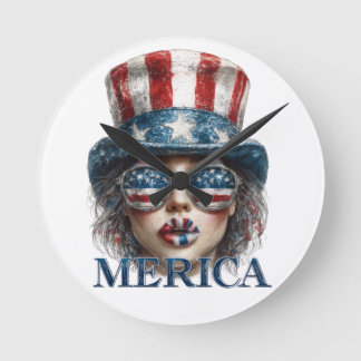 Merica Girl, Fourth of July Glam Girl with Stars Round Clock