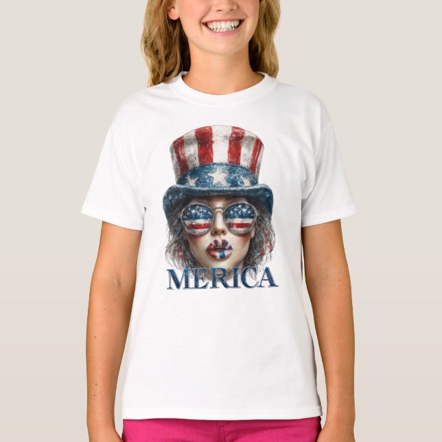Merica Girl, Fourth of July Glam Girl with Stars  T-Shirt (Front)