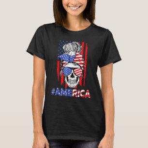 Merica Messy Bun Skull 4th Of July American Flag P T-Shirt