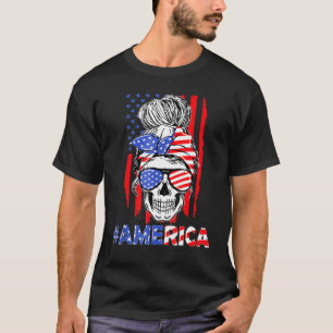 Merica Messy Bun Skull 4th Of July American Flag P T-Shirt