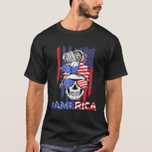 Merica Messy Bun Skull 4th Of July American Flag W T-Shirt