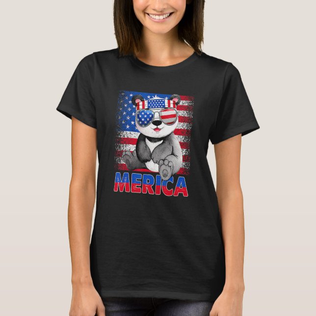 Merica Panda Bear With Usa Flag Headband 4th Of Ju T-Shirt (Front)
