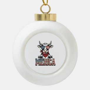 Merica Patriotic Cow Vintage Engraving Graphic_1 Ceramic Ball Christmas Ornament