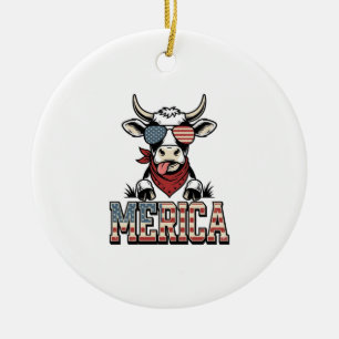 Merica Patriotic Cow Vintage Engraving Graphic_1 Ceramic Tree Decoration