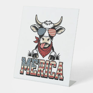 Merica Patriotic Cow Vintage Engraving Graphic_1 Pedestal Sign