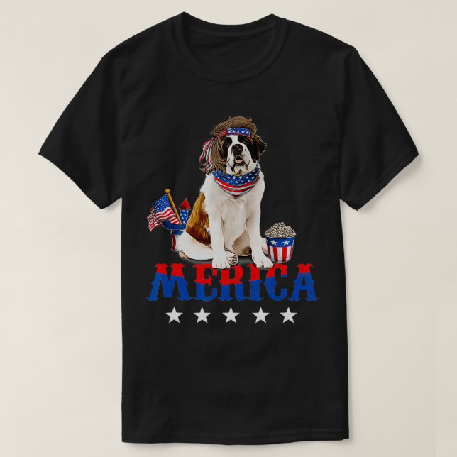 Merica Saint Bernard 4th of July American Flag Pat T-Shirt (Design Front)