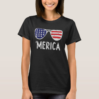 Merica Sunglasses 4th Of July USA Flag Patriotic V T-Shirt