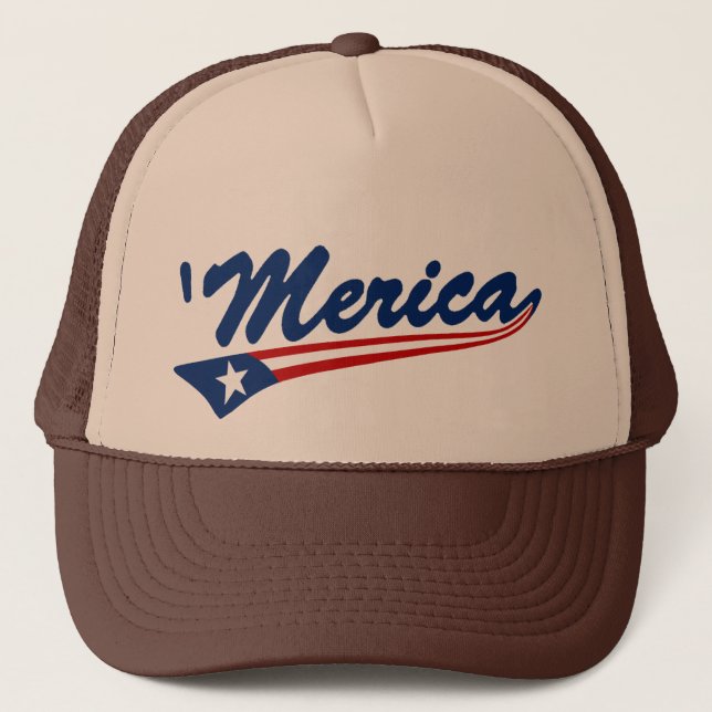 'Merica US Flag Swoosh Trucker Hat (brown/tan) (Front)