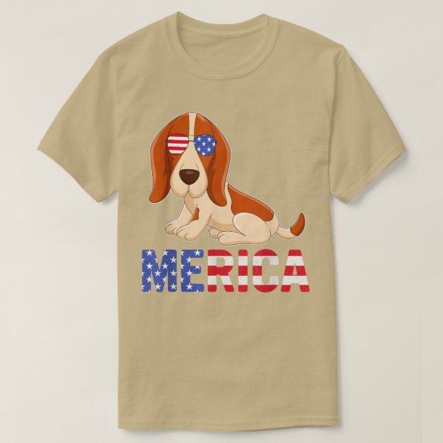 Merica USA Flag Basset Hound Dog Sunglasses 4th Of T-Shirt (Design Front)