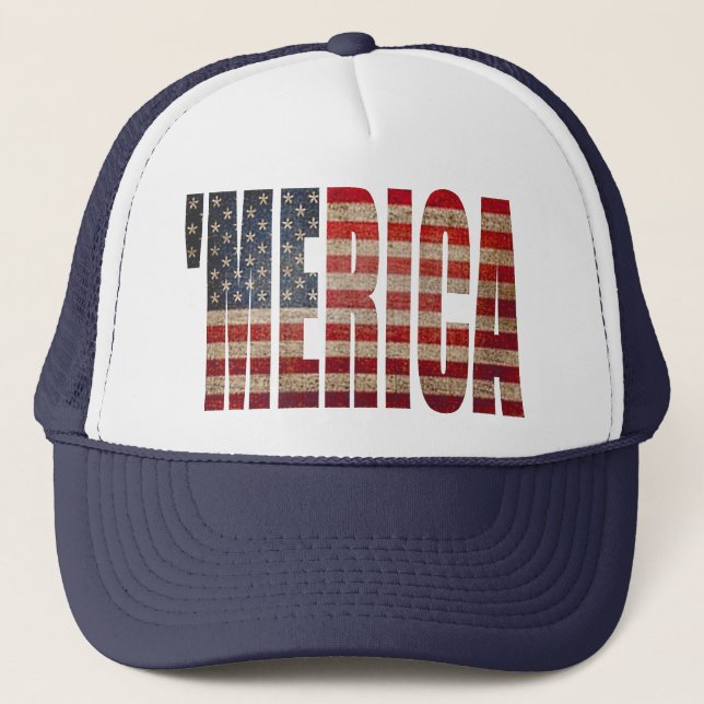'MERICA Vintage Distressed US Flag Trucker Hat (Front)