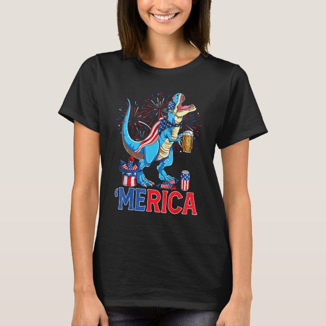 Merican Rex & Beer Glass USA Flag Indepedence Day T-Shirt (Front)