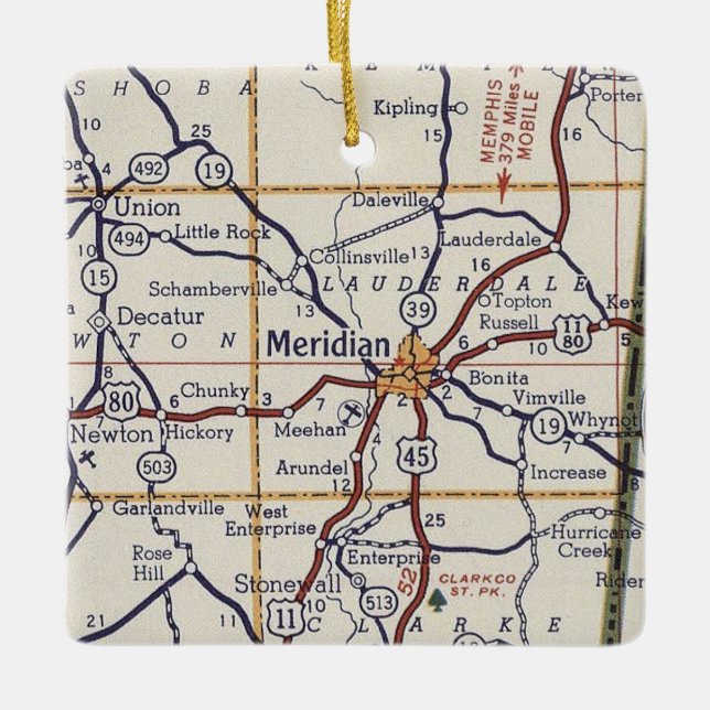 Meridian MS Vintage Map Ceramic Ornament (Front)