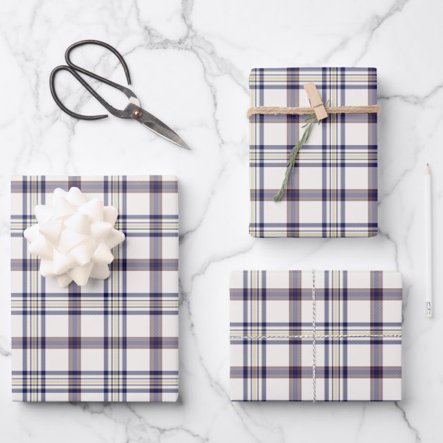 Merino White and Blue Zodiac Plaid Wrapping Paper Sheet (Front)