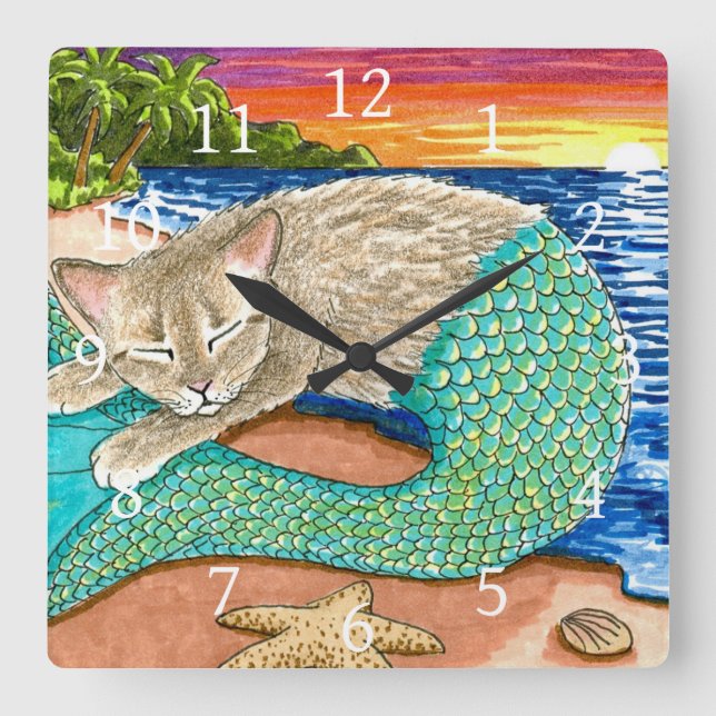 Merkitty on the beach sunset Cat Mermaid 23  Square Wall Clock (Front)
