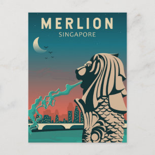 Merlion Singapore Travel Vintage Art Postcard