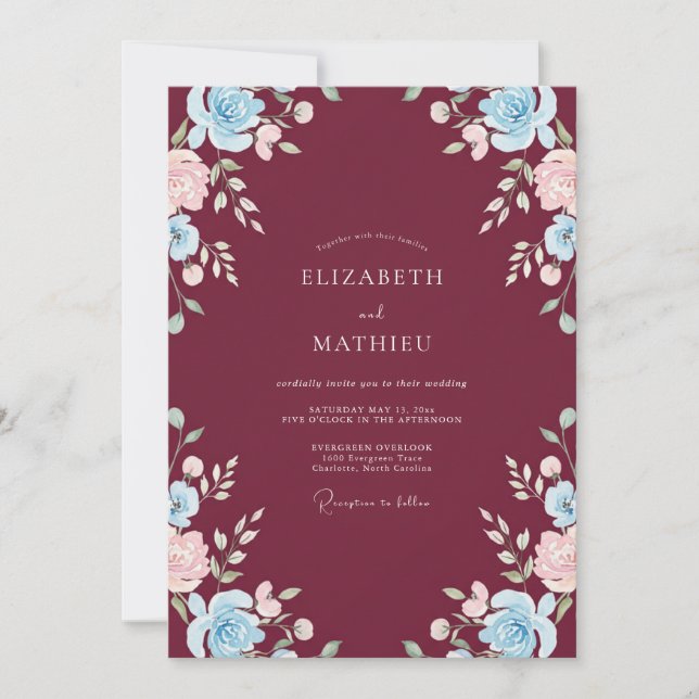 Merlot Azure Ranunculus Eucalyptus Wedding Invitation (Front)