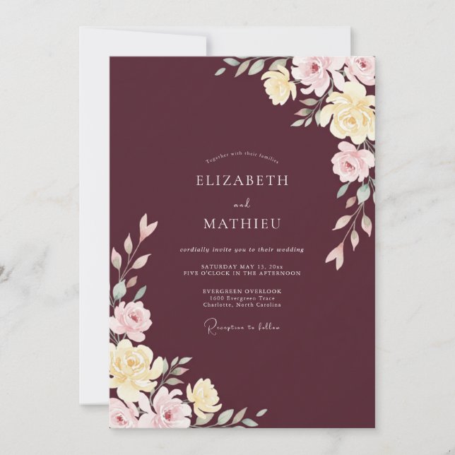 Merlot Blush Ranunculus Eucalyptus Wedding Invitation (Front)