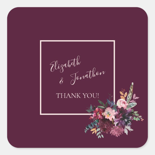 Merlot Burgundy Floral Wedding Thank You Square Sticker (Front)