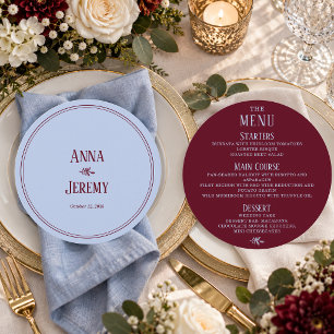 Merlot Burgundy Light Blue Custom Round Wedding Menu