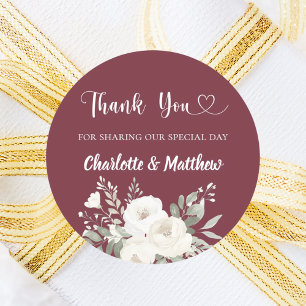 Merlot burgundy white florals thank you wedding classic round sticker