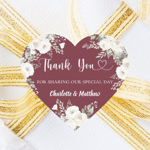 Merlot burgundy white florals thank you wedding heart sticker